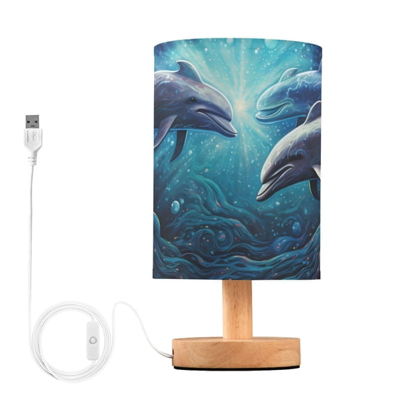 Dolphins Cave Sea Table Lamp USB Bedside Desk Nightstand Lamp Printed Gifts Small Lamp Wood Base for Bedroom Living Room Kids Room College Dorm