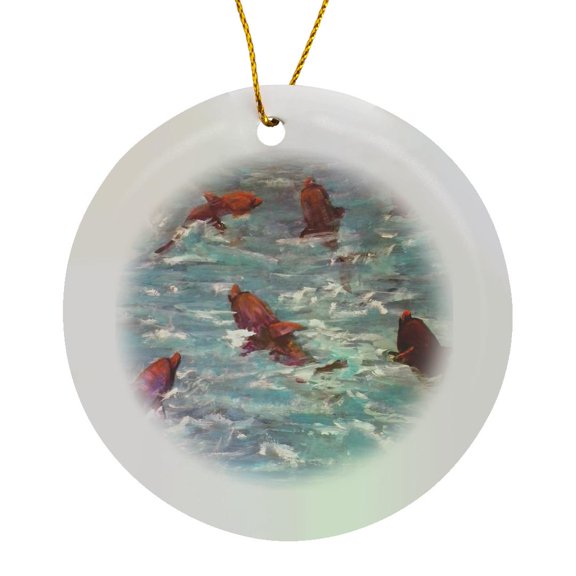 3drose, Dolphins Club Meeting, Seven Dolphins Swim in the Blue Sea, Circle Porcelain Ornament