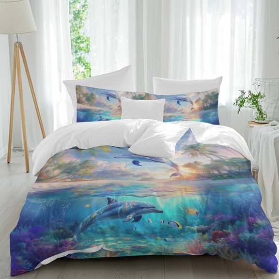 Dolphins Comforter Set Twin Size, Ocean World Summer Tropical Coconut Trees Soft Bedding Set for Man Woman, 4 Pieces Duvet Cover Set with Fitted Sheet, 2 Pillowcases