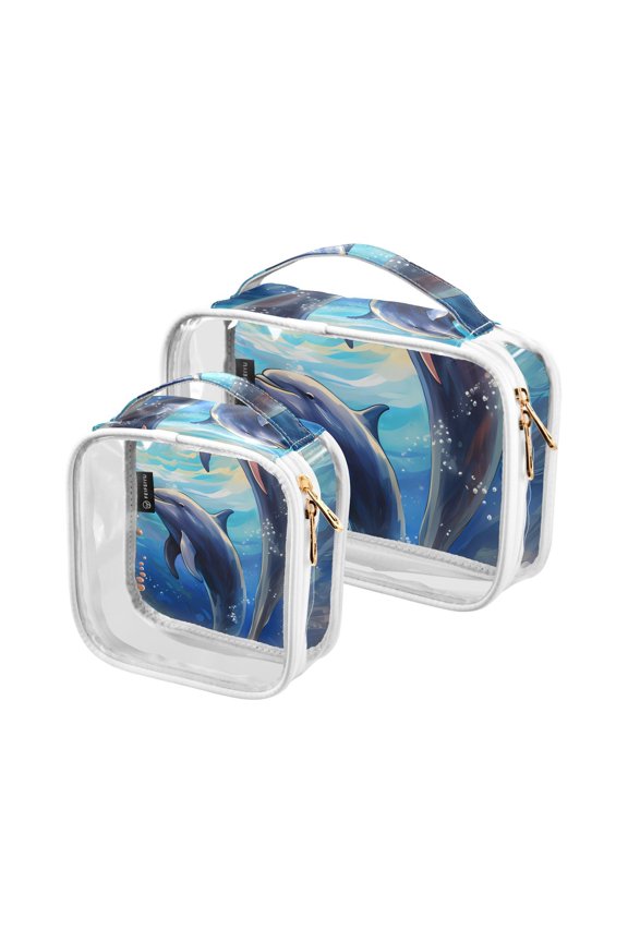 Dolphins Coral Clear Cosmetic Bags with Handles PVC Toiletry Bags Zipper Waterproof Portable for Traveling 2 Pcs