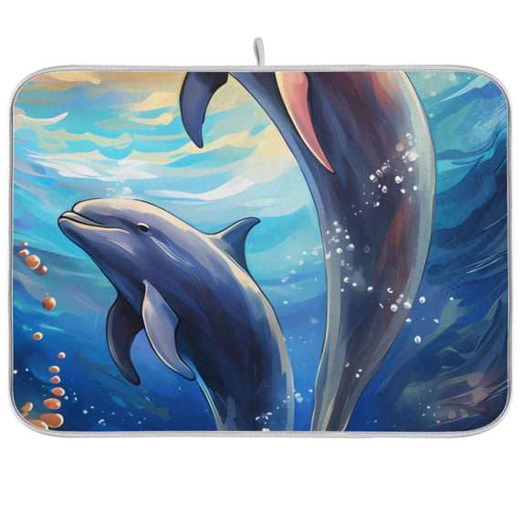 Dolphins Coral Dish Drying Mat Dish Drainer Rack Mats Water Absorbent Non-Slip Easy Clean Heat Resistant for Kitchen Counter