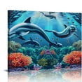 thumbnail image 1 of Dolphins Corals Coral Reefs Canvas Print Wall Art Decor for Home Bedroom Kitchen Ready To Hang - Fashion Room Decorations Pictures 16x12in, 1 of 6