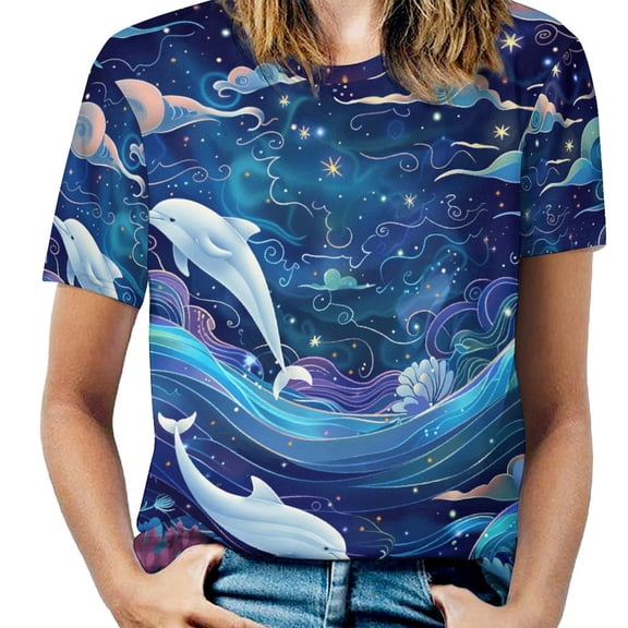 Dolphins Dreamy Night Women's Short Sleeve Tops Casual Blouses T Shirt
