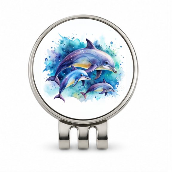 Dolphins Family Watercolor Design Golf Hat Clip with Removable Magnetic Ball Marker