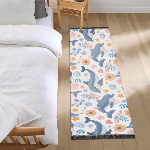 Dolphins Flower Shell Leaf Runner Area Rug 2x6 Soft Non-Slip Washable Bedside Carpet for Hallway Bedroom Living Room Home Decor