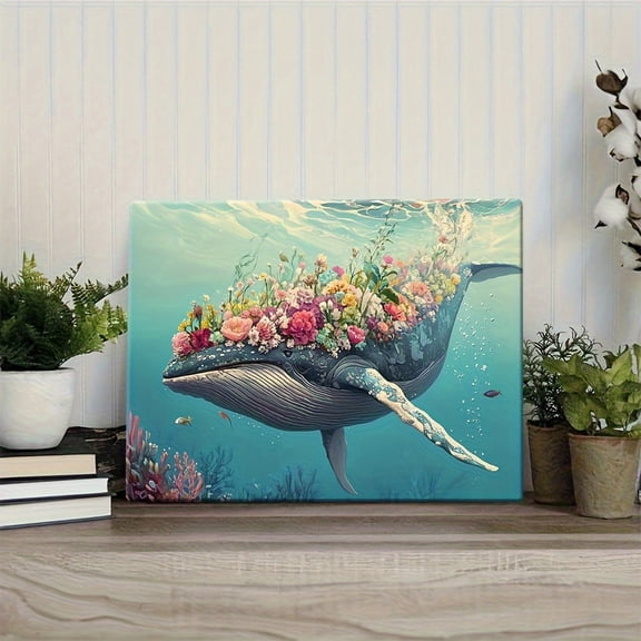 Dolphins and Flowers Behind Canvas Wall Art Vivid Marine Life and Floral Decoration for Living Room, Bedroom, Hallway - Premium Wrapped Canvas Frameless Canvas Painting