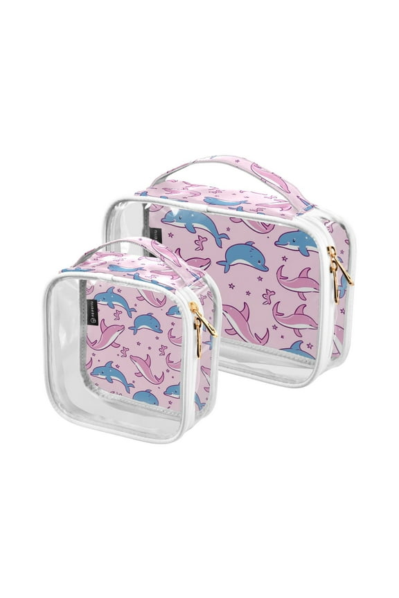 Dolphins Full Clear Cosmetic Bags with Handles PVC Toiletry Bags Zipper Waterproof Portable for Traveling 2 Pcs