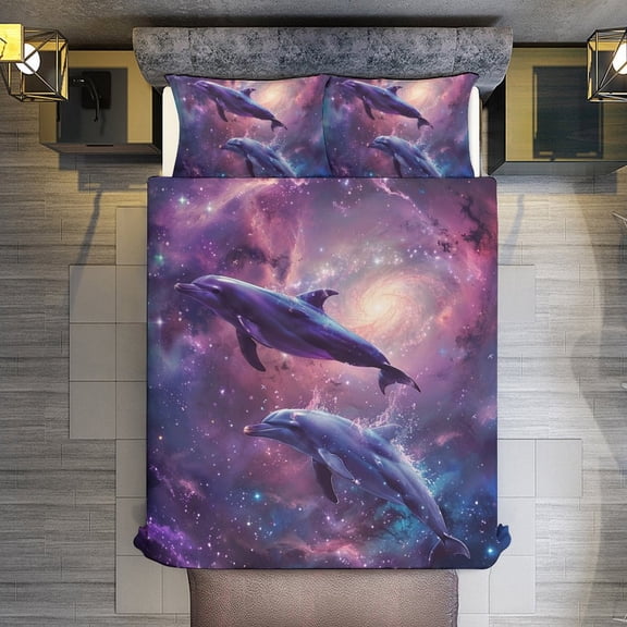 Dolphins Galaxy Quilt Cover Set Fashionable Printed Bedding Covers with Pillowcase Home Textiles, Twin (68"x86")