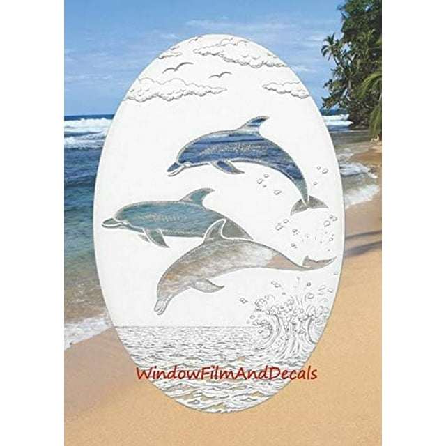 Dolphins Jumping Oval Etched Window Decal Vinyl Glass Cling 15" x 23