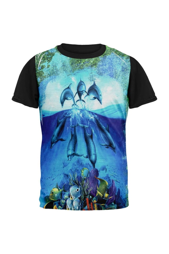 Dolphins Jumping Over Reef All Over Mens Black Back T Shirt Multi MD