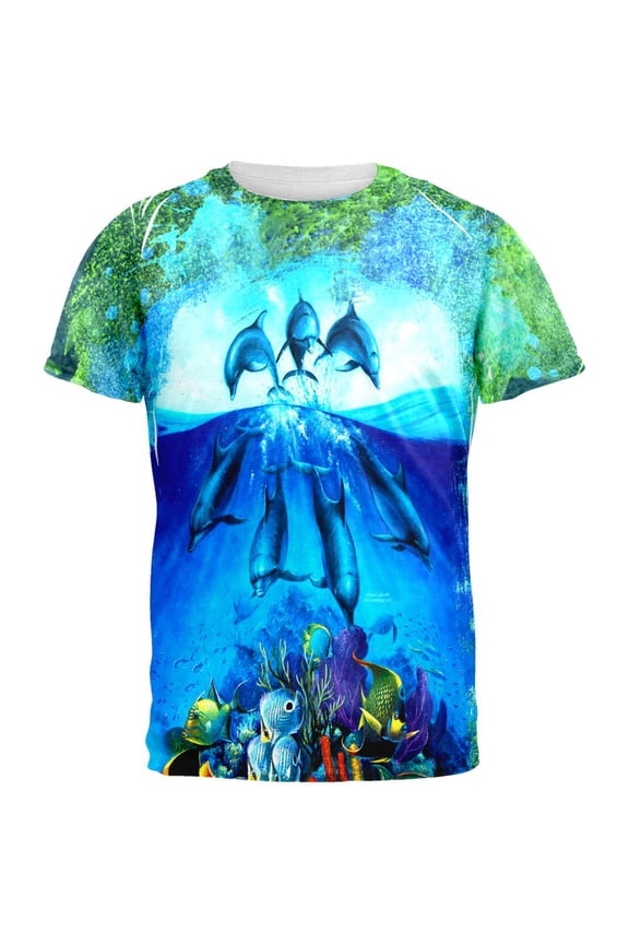 Dolphins Jumping Over Reef All Over Mens T Shirt Multi 2XL