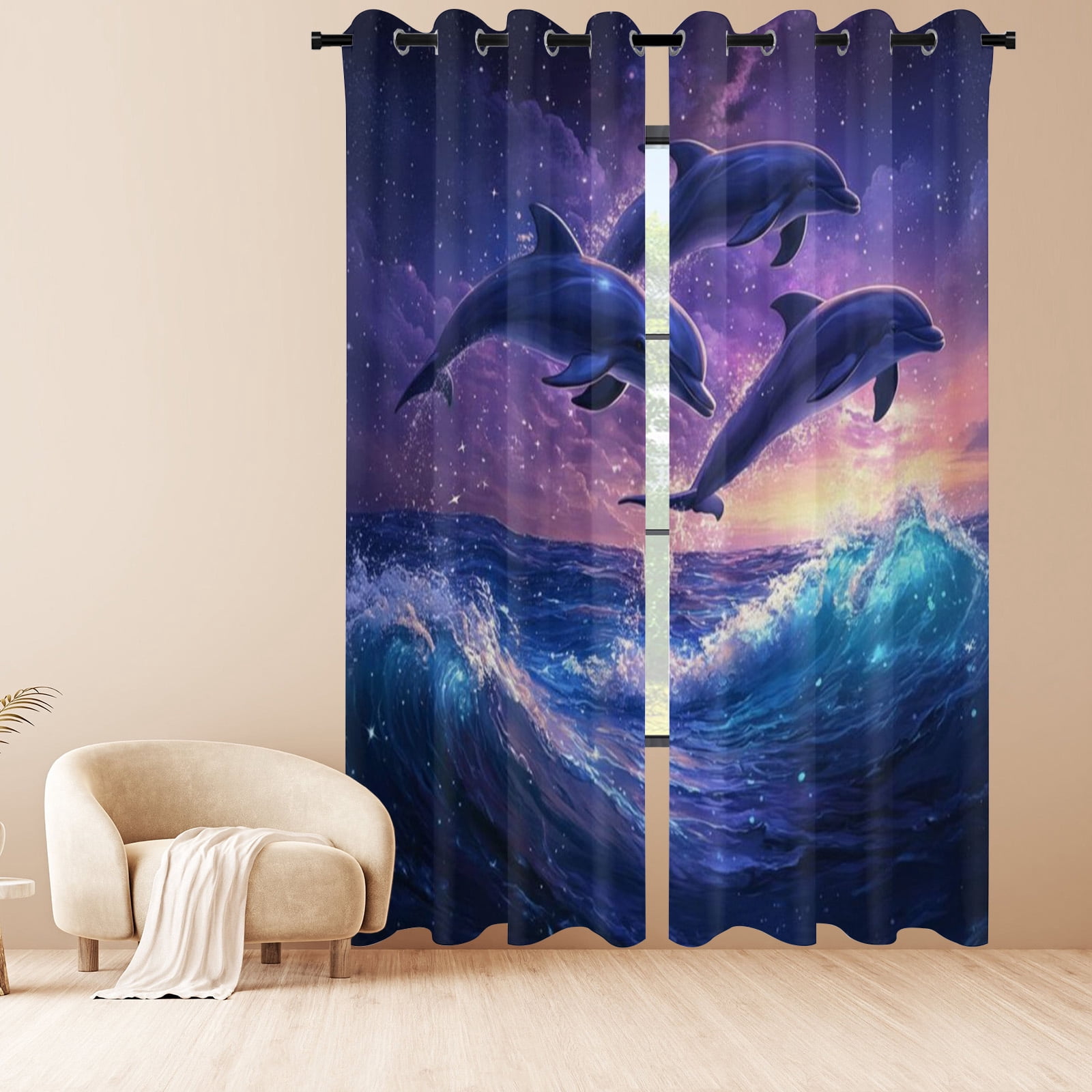 3D Sea Playful Dolphins 152 Curtains Drapes main image 1