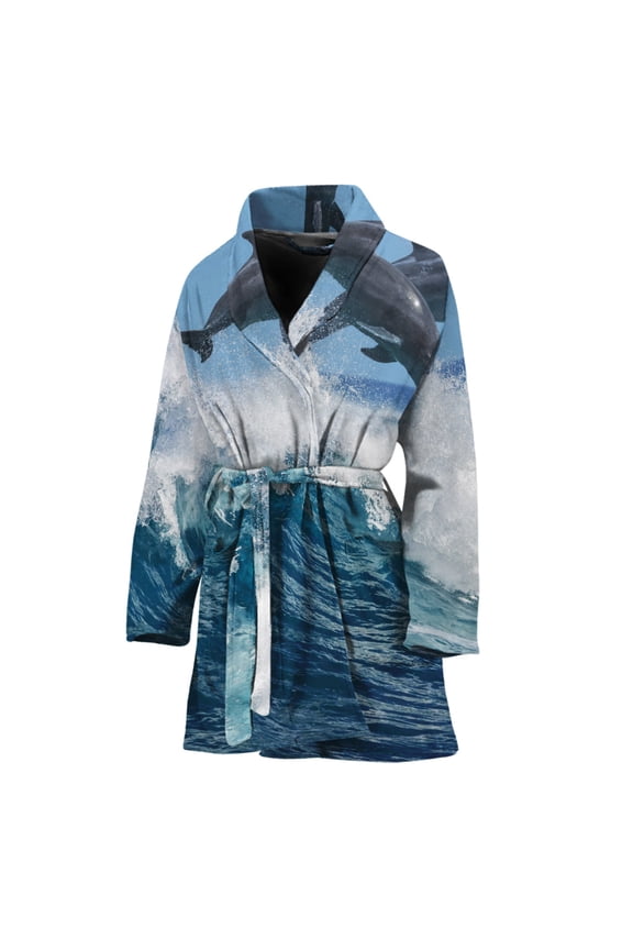 Dolphins Jumping Over Waves Women Bathrobe One Size Univeral Fits, Ocean Dolphin Fashion Lightweight Plush Fleece Long Robe For Women