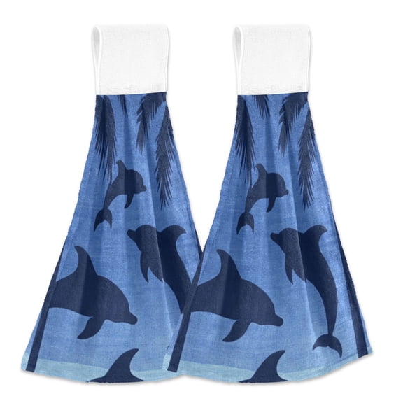 Dolphins Jumping Sea Trees Hanging Towels with Loop Hand Towels Nylon Fastener Tape Design Dish Cloths 2 Pieces