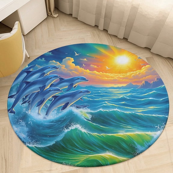 Dolphins Jumping Seashell Colorful Fish Round Area Rugs for Bedroom Living Room, 4FT Soft Comfy Indoor Circle Carpets, Floor Mat