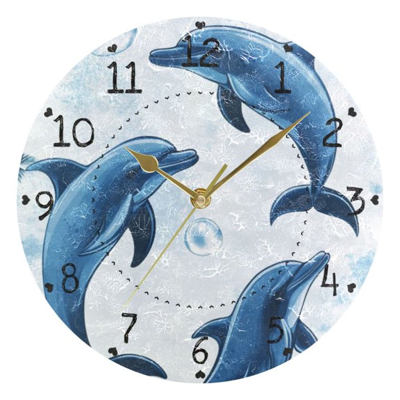 Dolphins Jumping Trees Bubbles Round Wall Clock Silent Analog Battery Operated Gold Pointer Home Decor 9.84" Diameter