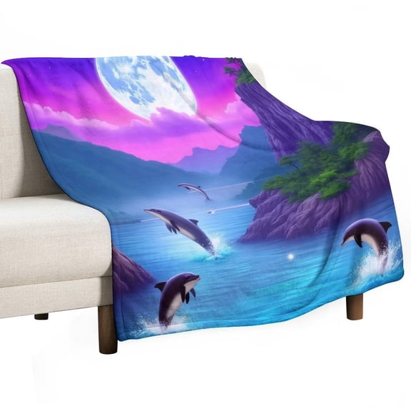 Dolphins Jumping Under Moonlight Blankets Bedroom Living Room Sofa Throw Blankets for Beds