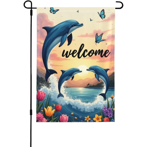 Dolphins Jumping Out of The Water at Sunset Garden Flag 12X18 Inch Double Sided Ocean Scenic Outdoor Yard Decor Summer Patio Ornament Farmhouse Lawn Display Nautical Banner