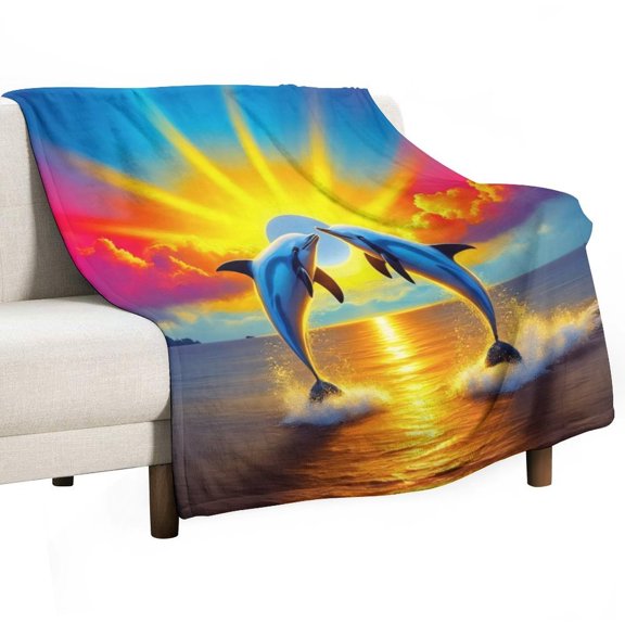 Dolphins Jumping at Sunset Throws Blankets for Sofa Bed Winter Plush Warm Blanket Holiday Gifts