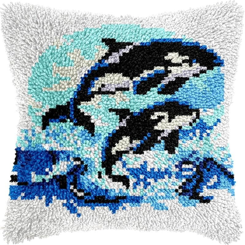 Dolphins Latch Hook Pillow Kits Pillow Cover Pattern Printed Canvas Crochet Cross Stich Hooking Pillowcase Cushion Crafts Embroidery Latch Hooking Crochet Kits Set 17x17 inch(32)