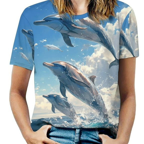 Dolphins Leap Ocean-2 Women's Short Sleeve Tops Casual Blouses T Shirt