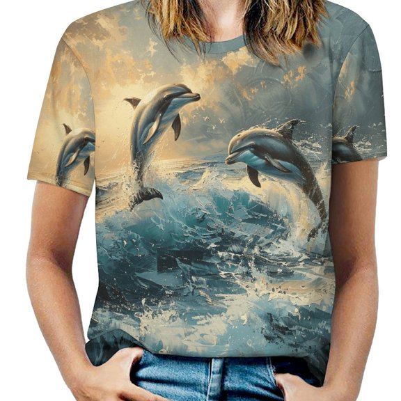 Dolphins Leap Ocean Waves-1 Women's Short Sleeve T-Shirt Crew Neck Casual Summer Trendy Loose Fit Tops