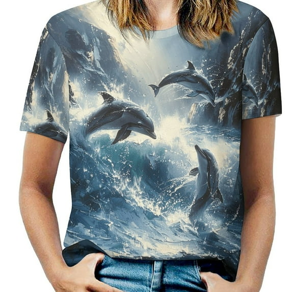 Dolphins Leap Ocean Waves-2 Women's Short Sleeve T-Shirt Crew Neck Casual Summer Trendy Loose Fit Tops