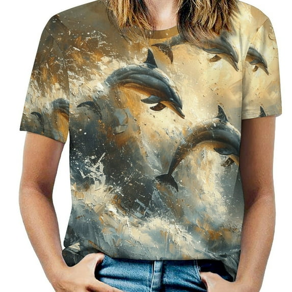 Dolphins Leaping Ocean Art Women's Short Sleeve Tops Casual Blouses T Shirt