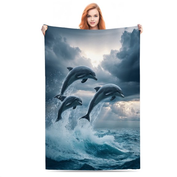 Dolphins Leaping in Ocean Lightweight Flannel Printed Blanket - Ultra Soft & Warm, All-Season Cozy Plush for Couch, Bed, Office, Camping Nap - Perfect Decorative Gift