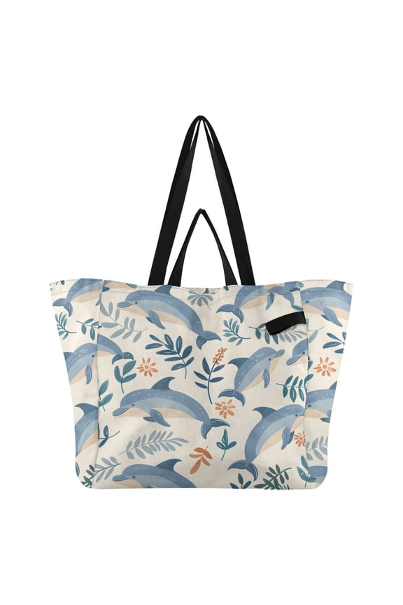 Dolphins Leaves Cartoon Style Foldable Canvas Tote Bags Reusable Grocery Bags Laundry Bags Beach Bag 32L
