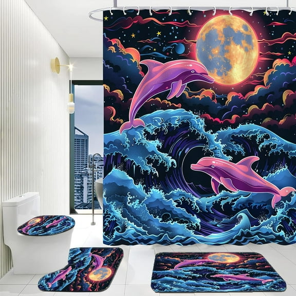 Dolphins and Moon Shower Curtain,Neon Ocean Waves and Full Moon Bathroom Decor, Shower Curtain Set with 12 Hooks, Waterproof Polyester Fabric Bathroom Gifts 72x72 Inch