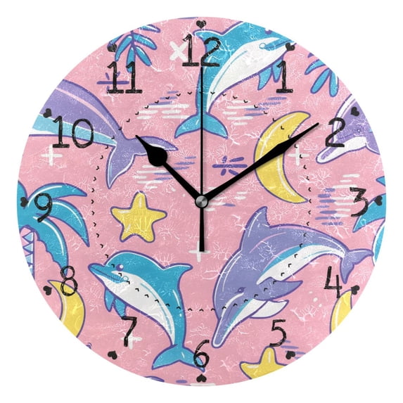 Dolphins Moon Stars Palm Trees Round Wall Clock Silent Analog Battery Operated Black Pointer Home Decor 9.84" Diameter