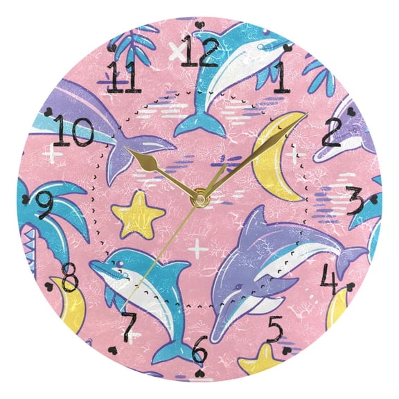 Dolphins Moon Stars Palm Trees Round Wall Clock Silent Analog Battery Operated Gold Pointer Home Decor 9.84" Diameter