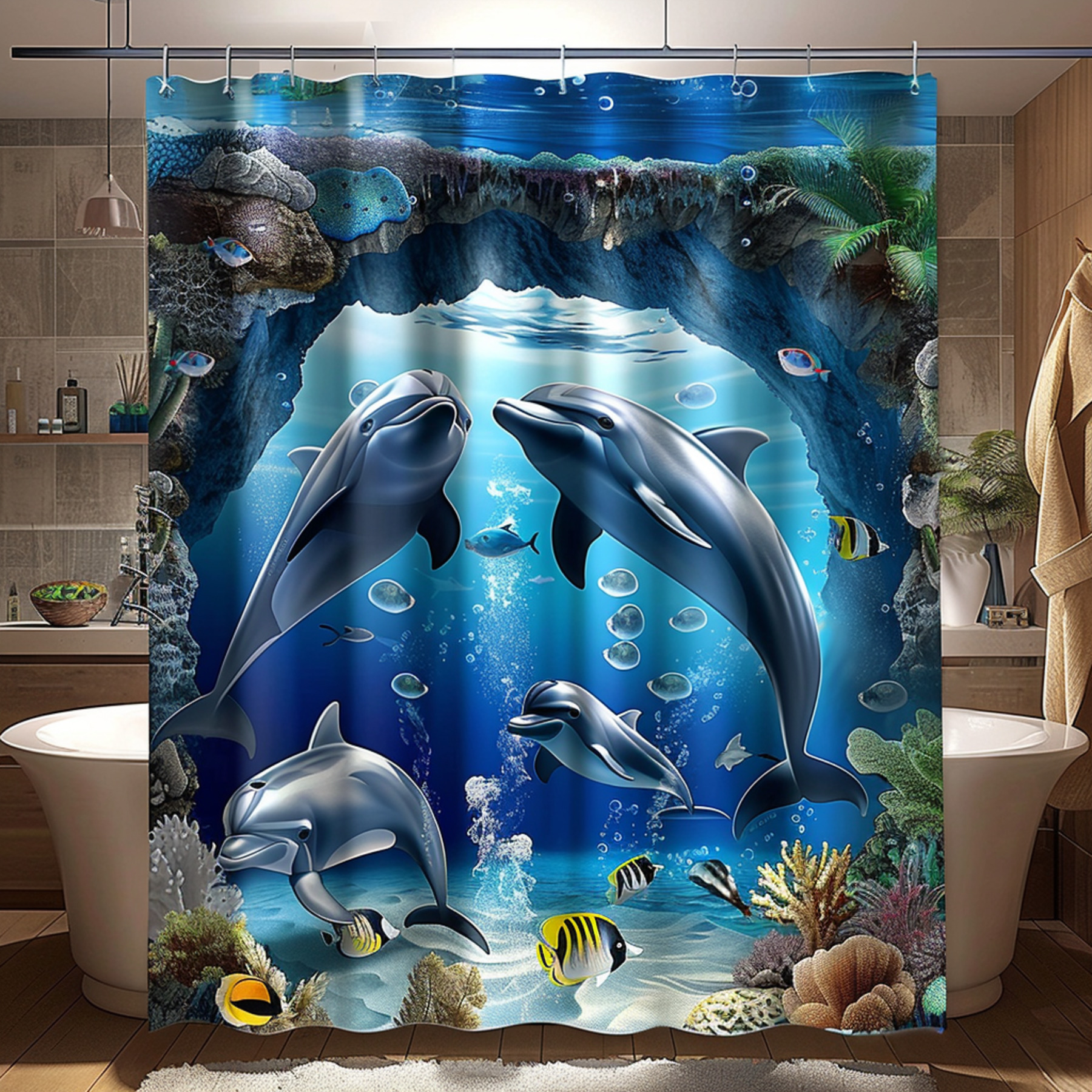Dolphins Ocean Scene Shower Curtain Underwater Cave Sea Life Bright