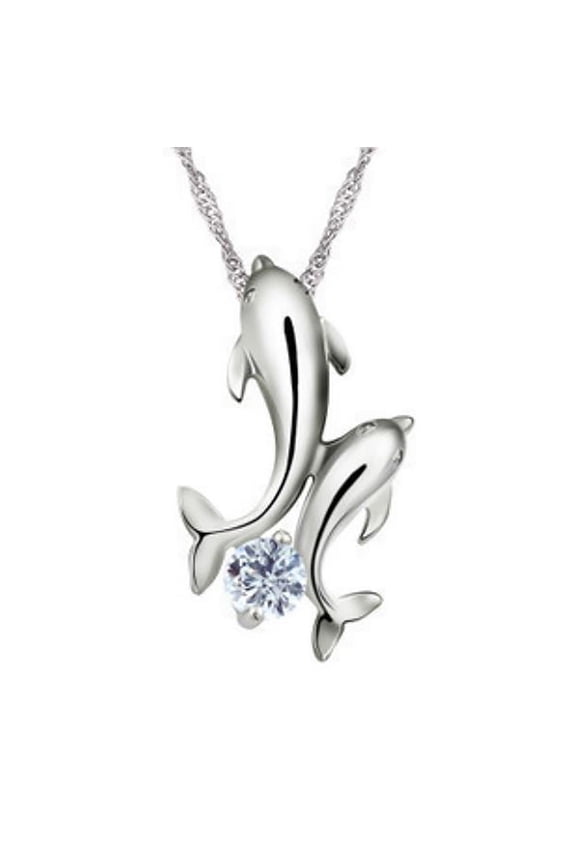 Dolphins Pendant Necklace for Women by Ginger Lyne White Gold Plated Brass with Cubic Zirconia