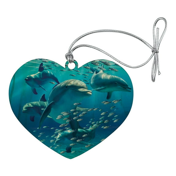 Dolphins Pod Underwater Diving Ocean Heart Love Wood Christmas Tree Holiday Ornament