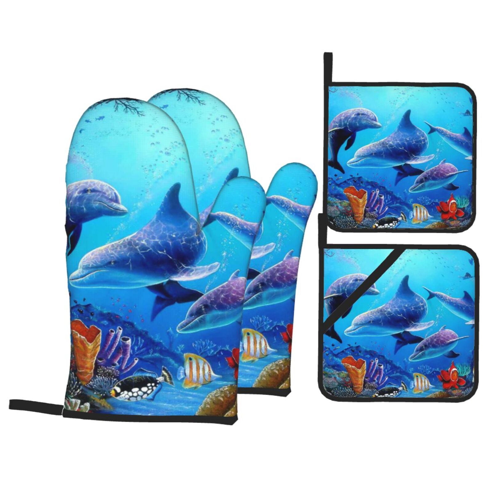 Dolphins Rainbow Dolphin 4Pcs Oven Mitts and Pot Holders Sets Oven Kitchen Gloves Hot Pads for Cooking BBQ Baking Grilling