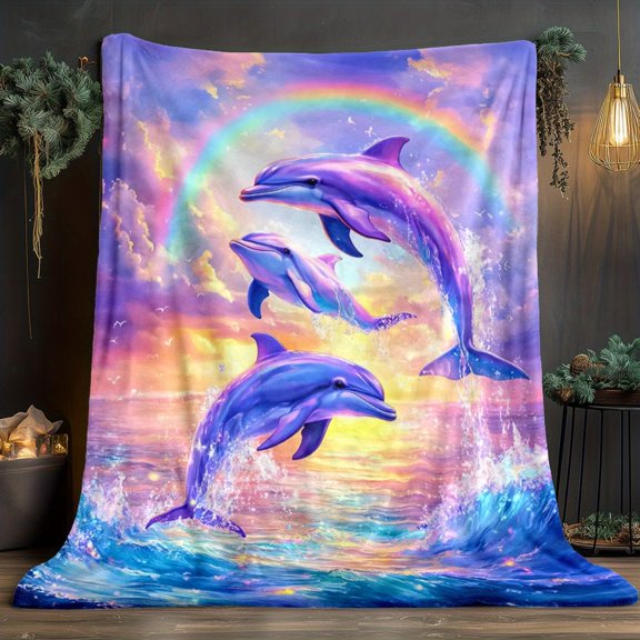 Dolphins with Rainbow Ocean Sunset printing Blanket - Soft Flannel Throw - Dolphins & Rainbow Design - All-Season Couch, Bed, Camping, Travel Blanket - Gift for Marine Life Lovers / Home Decor