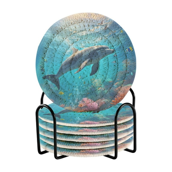 Dolphins Sea Corals Fish 6 Pcs Drink Coasters with Holder Absorbent Coasters Woven Coasters for Drinks Table Desk Protection Home Decor