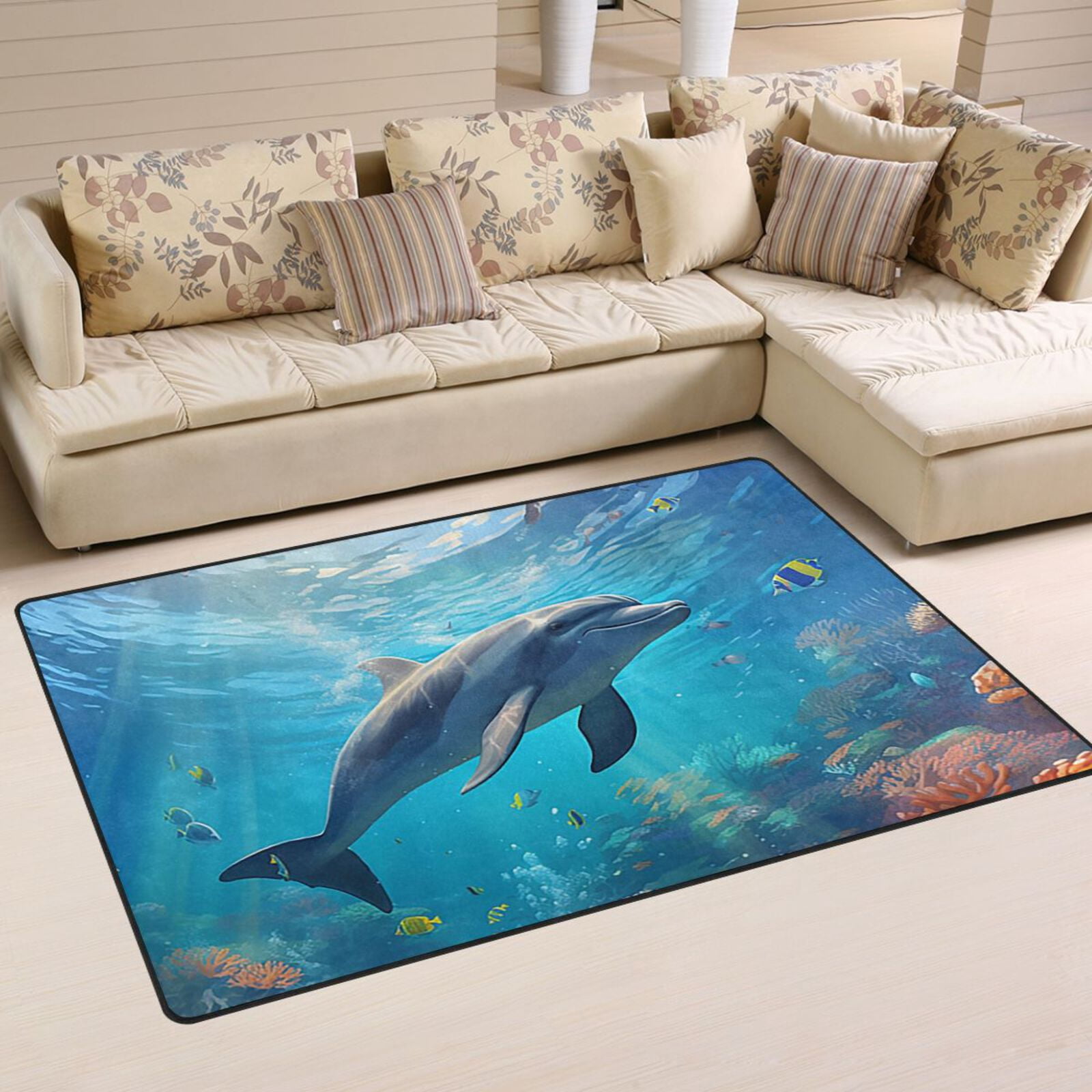 Dolphins Sea Corals Fish Area Rug Washable Floor Carpet Mat 60 x 39 ...