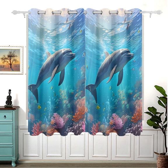 Dolphins Sea Corals Fish Blackout Curtain Panels 63x55in Drapes Privacy Assured for Living room Bedroom Bathroom 2 panels set