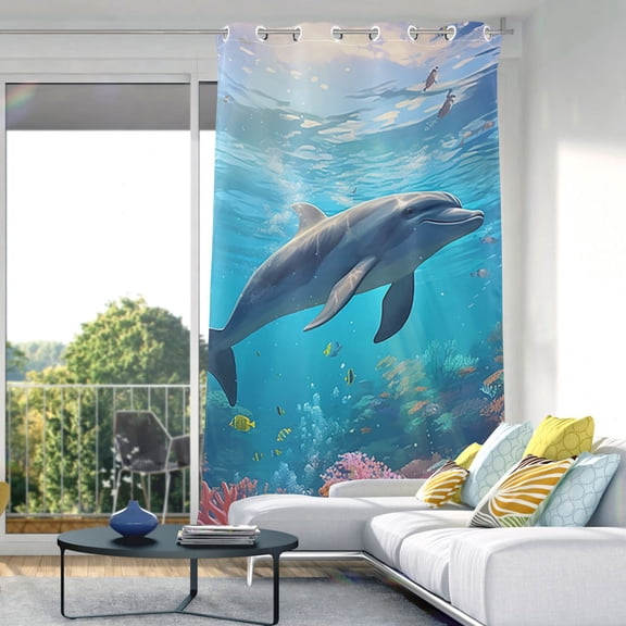 Dolphins Sea Corals Fish Blackout Curtain Panels Drapes Privacy Assured with Light Filtering Curtains for Living room Bedroom Bathroom Window