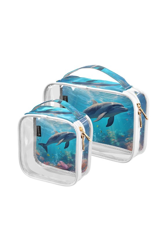 Dolphins Sea Corals Fish Clear Cosmetic Bags with Handles PVC Toiletry Bags Zipper Waterproof Portable for Traveling 2 Pcs