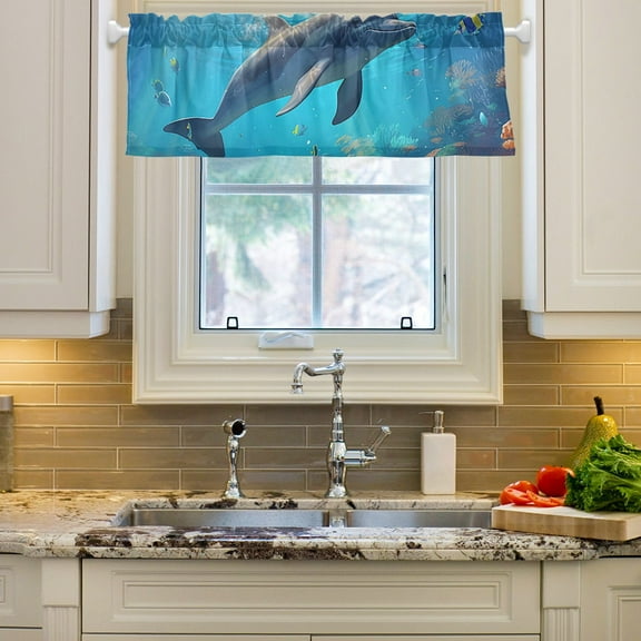 Dolphins Sea Corals Fish Curtain Valances Farmhouse Design Window Treatment Decor Blackout Rod Pocket for Windows Living Room Kitchen 54" x 18"