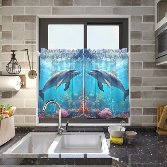 Dolphins Sea Corals Fish Kitchen Curtains Half Tier Curtain 2 Rod Pockets Bathroom Bedroom Cupborad Living Room 27"x24"