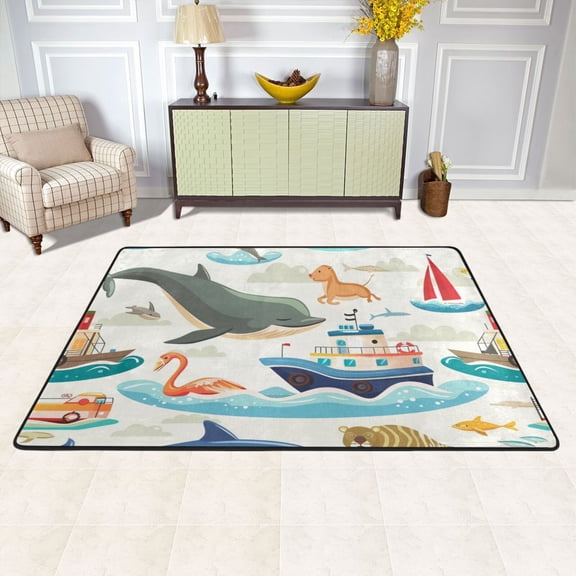Dolphins Ship Fish Waves Area Rug Washable 72 x 48 Floor Carpet Mat Non Slip for Bedroom Living Room Kids Room Home Decor