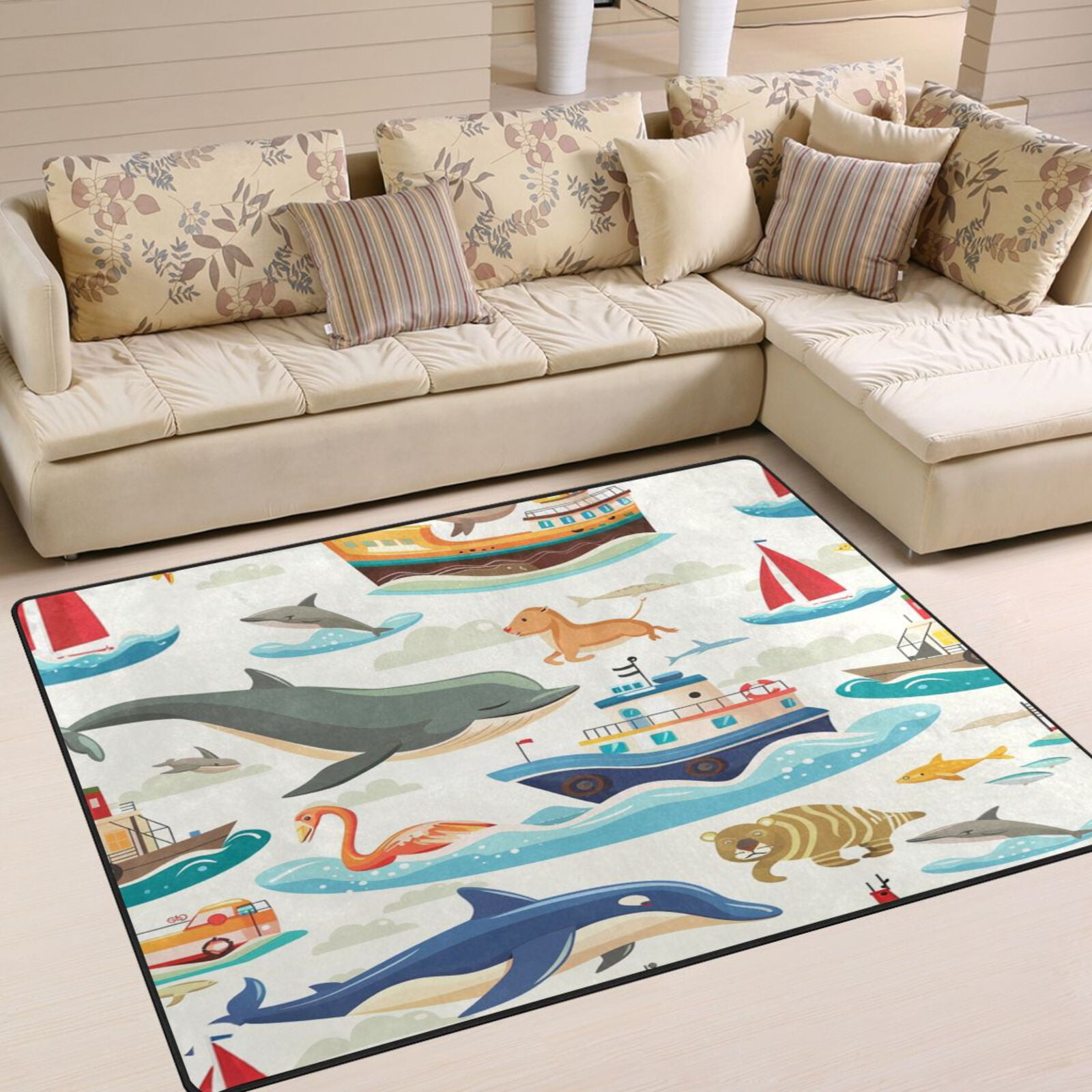 Dolphins Ship Fish Waves Area Rug Washable 80 x 58 Floor Carpet Mat Non ...