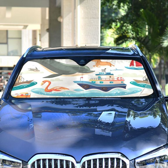 Dolphins Ship Fish Waves Automotive Front Car Windshield Sun Shade Reflector Foldable for Front Fit for Cars Truck SUVs