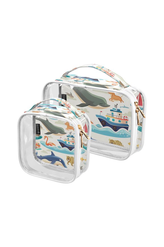Dolphins Ship Fish Waves Clear Cosmetic Bags with Handles PVC Toiletry Bags Zipper Waterproof Portable for Traveling 2 Pcs