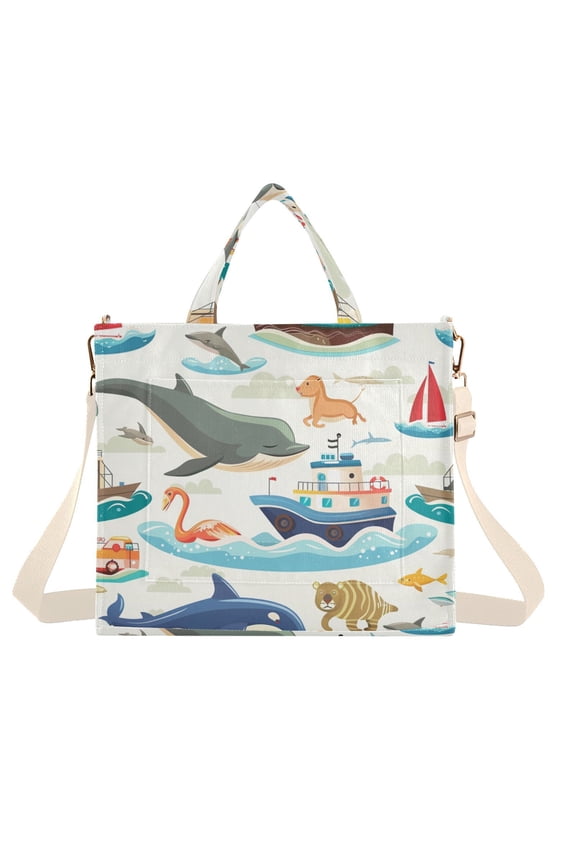 Dolphins Ship Fish Waves Corduroy Tote Bag Handbag Large Messenger Bag Shoulder Crossbody Zipper Bag Purse